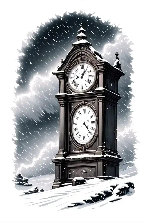 Large Grandfather Clock Surrounded By A Raging Blizzard With Snow Fall With Night Sky Behind It