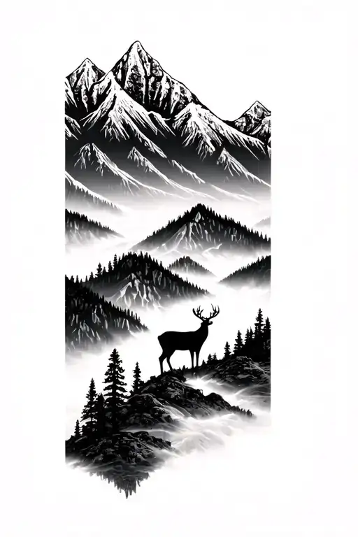 A Majestic Mountain Range With A Hidden Deer In The Landscape