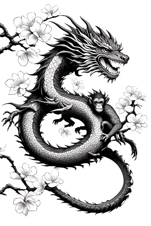 Cherry Blossoms Wrapped Around A Dragon With A Monkey