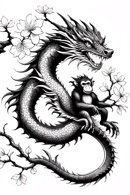 Cherry Blossoms Wrapped Around A Dragon With A Monkey Simple