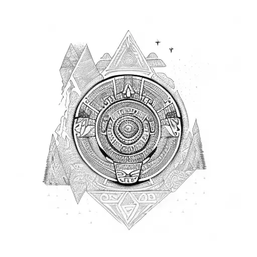 Aztec Calendar Mixed With Elements Of California Nature Scene