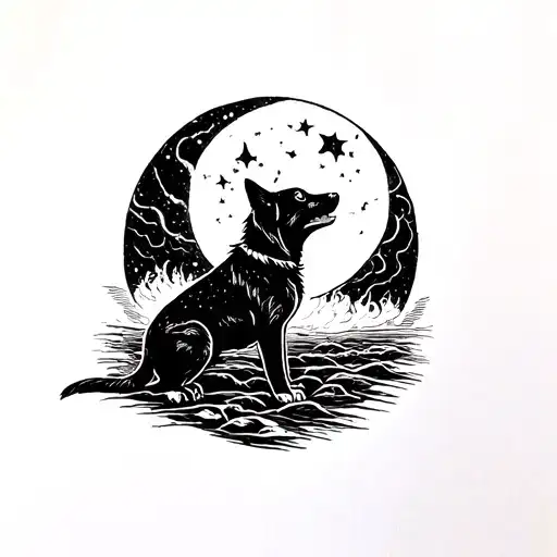 A Blackwork Tattoo Design Featuring A Dog Howling At The Moon In A Stormy Night