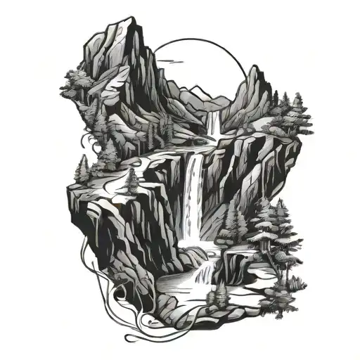 A Detailed Mountain Landscape With A Winding Hiking Trail And A Hidden Waterfall
