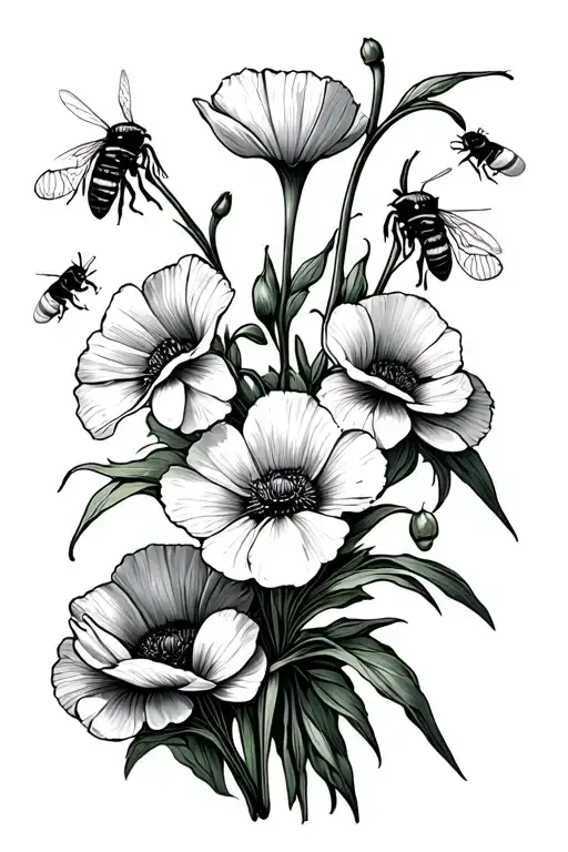 Lilly Of The Valley Flowers And Poppies Blooming With Honey Bees And Honecomb Background