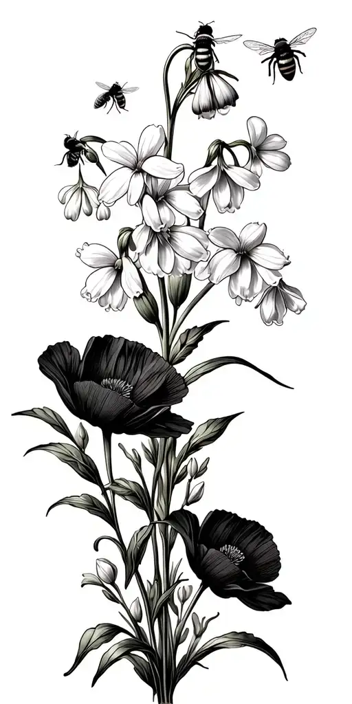 Lilly Of The Valley Flowers And Poppies Blooming With Honey Bees And Honecomb Background