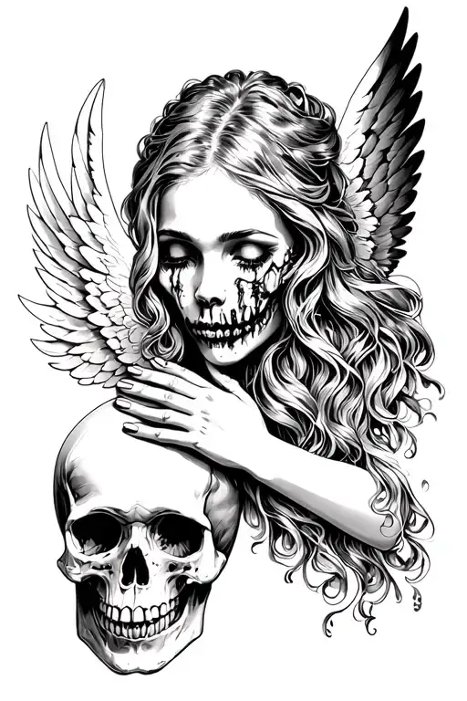 Woman Angel Holding The Face Of A Sad Skull