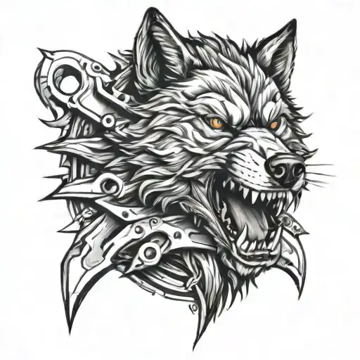 A Fierce Wolf Head With A Wrench Clenched In Its Teeth