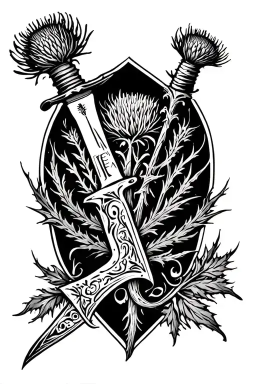 The Word 'Teaghlach' With Thistles And A Dirk Knife