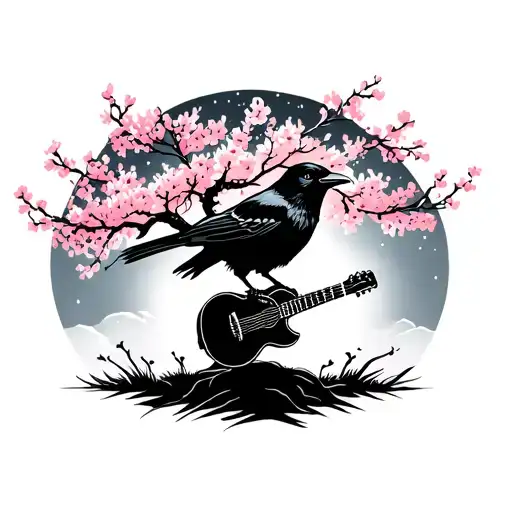 A Crow Playing A Guitar Under A Cherry Blossom Tree At Night