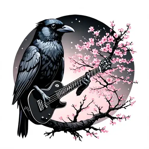 A Crow Playing A Guitar Under A Cherry Blossom Tree At Night