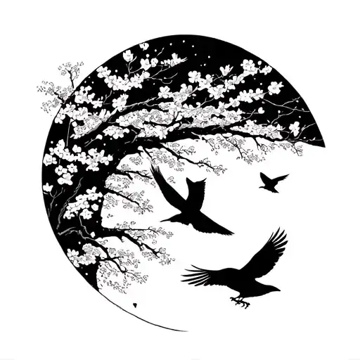 Crows And An Owl Flying Under A Cherry Blossom Tree At Night