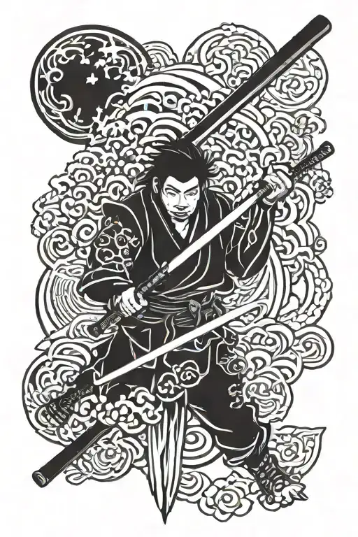 Japanese Symbols On Neck With Katana