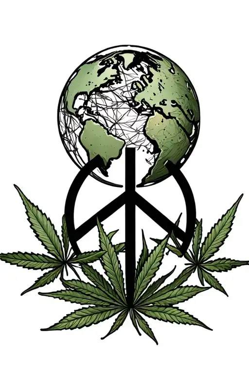 World Peace Symbol With Earth Globe Intertwined With Marijuana Leaf