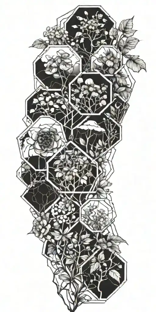Hexagones With Nature Scenes Inside Intertwined With Viney Plants