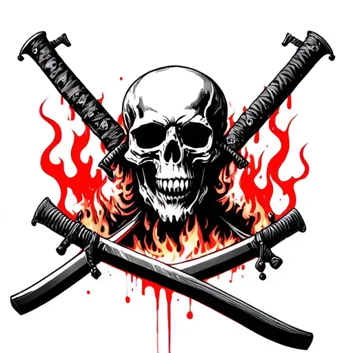 Burning Skulll Holding Katanas With Blood In The Background
