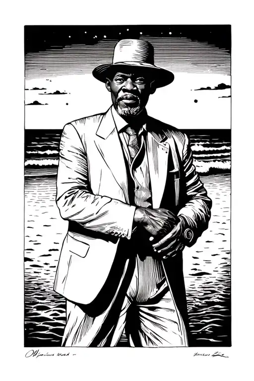 Old Black Man With A Suite And A Gangter Hat In The Beach Sunset Sky