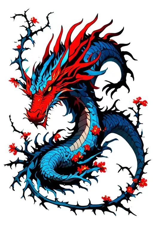 Blue And Red Dragon Ripping Through Thick Thorny Vines With Tiny Red Flowers Blooming Throughout