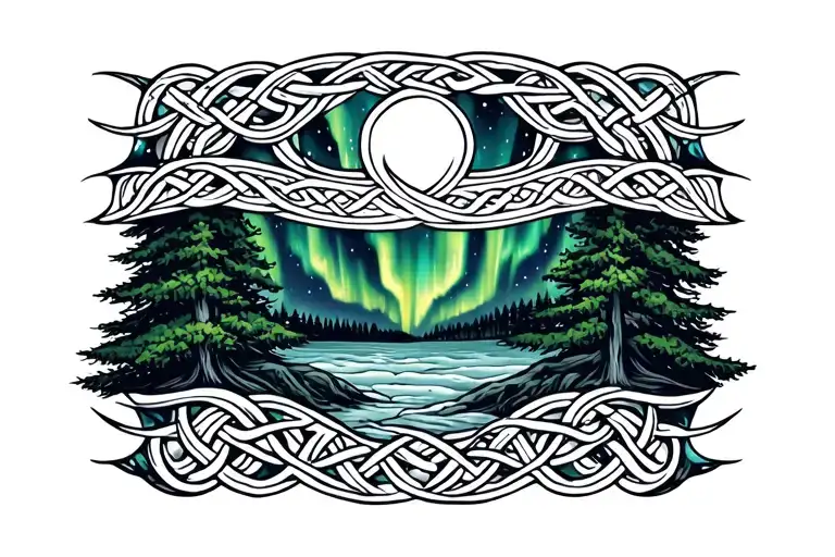 Celtic Armband Tattoo With Trees And Aurora Borealis And Bear Tracks