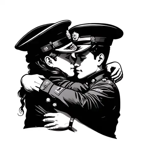 Two People Hugging One In Military Uniform