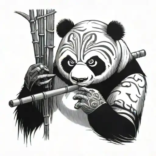 Shirtless Man Badass Panda Mask With Bamboo Berimbau