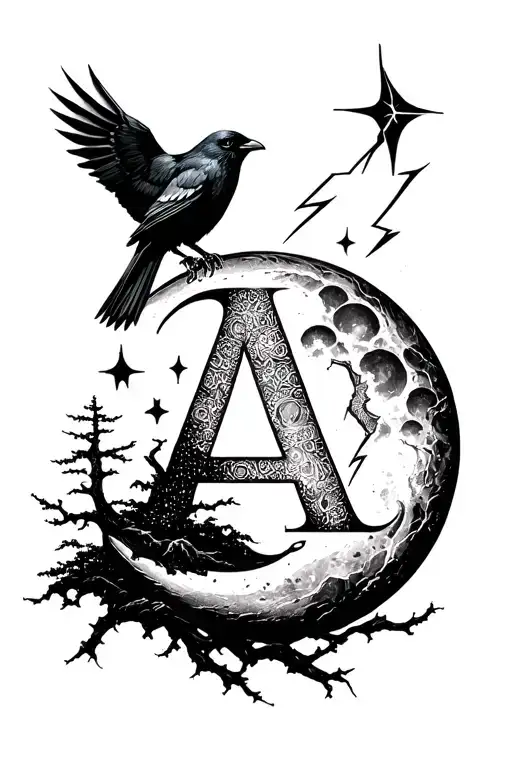 Moon Letter A A Lightning A Crow And A Tree