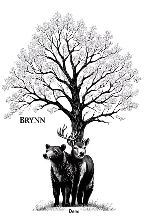 A Bear And Buck Near A Dogwood Tree With The Names Brynn And Dane Incorporated In The Tree