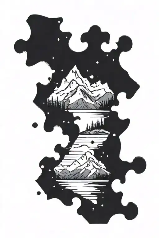 A Cosmic Puzzle Piece Merging With A Mountain Landscape Tattoo