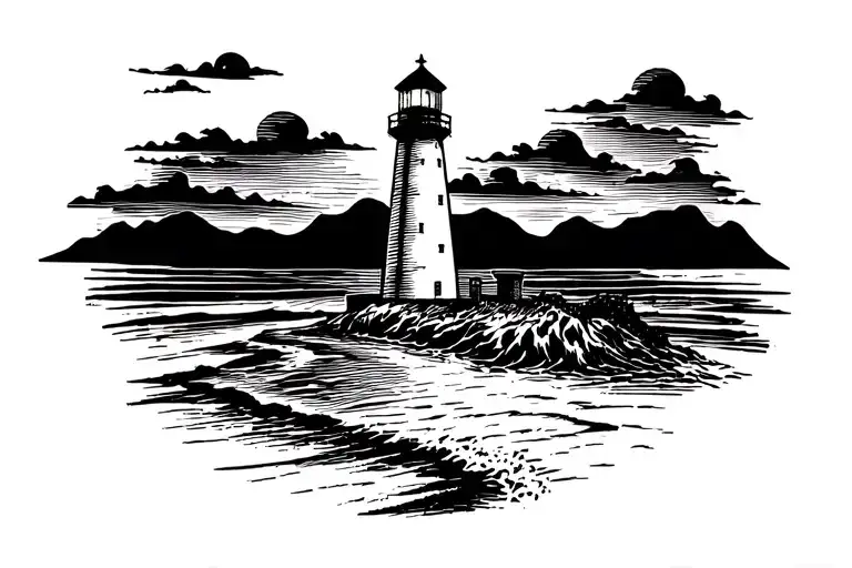 Lighthouse On Beach With Nice Sunset Scene