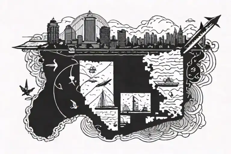 California State Outline And New Jersey State Outline With A Dashed Train & Plane Connecting Them