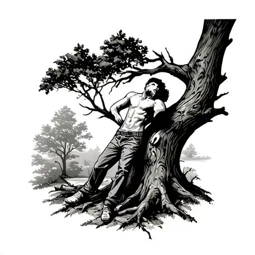A Man Leaning On A Tree
