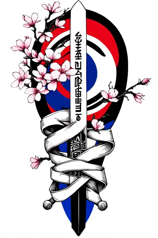 Korean Sword With The South Korea Flag Wrap Around The Sword And Cherry Blossom