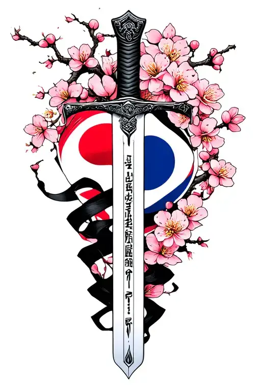 Korean Sword With The South Korea Flag Wrap Around The Sword And Cherry Blossom