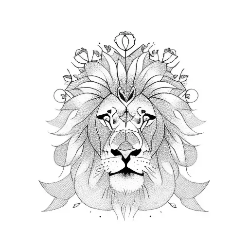 A Blackwork Tattoo Of A Lion Surrounded By Roses And Music Notes