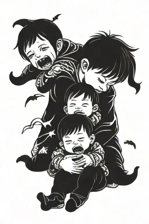 Little Boy Hugging Two Ghosts