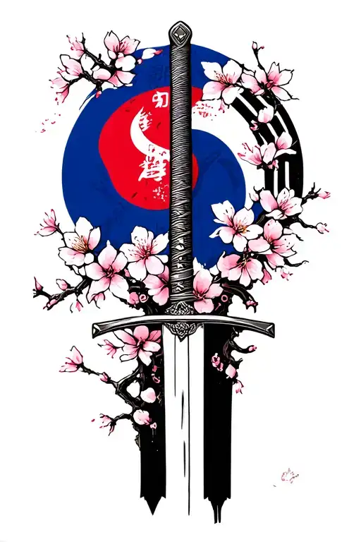 South Korea Flag Korean Sword And Cherry Blossom