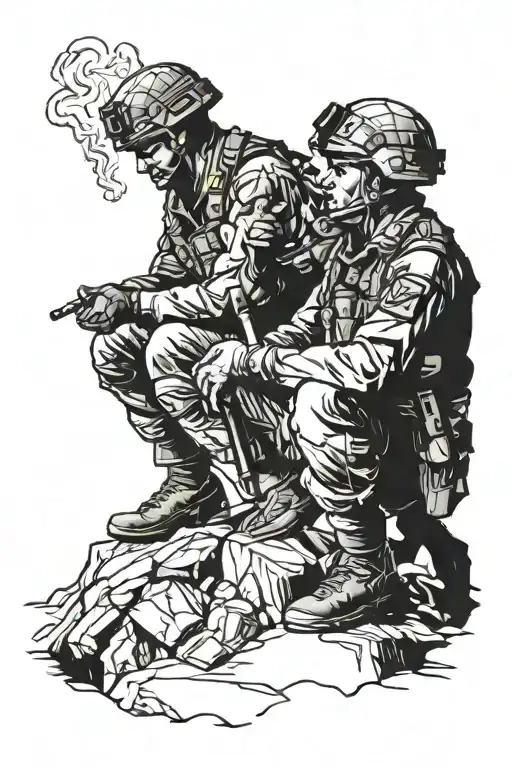 Soldiers In The Army Taking A Cigarette Break At Sunset On A Mountain Top
