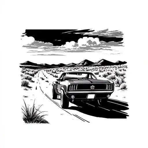 1967 Mustang Driving Down A Desert Highway Leading Into The Horizon