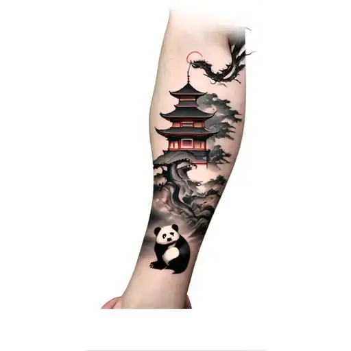 A Japanese Pagoda With A Panda A The Bottom And A Dragon Floating Above The Pagoda