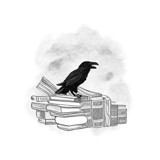 A Raven Perched On A Stack Of Books With A Knife Tucked Into Its Feathers