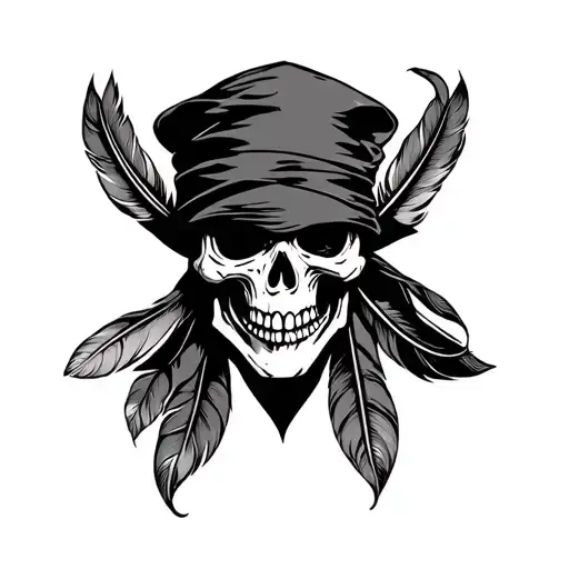 Scary Skull Head Wearing Bandanna Being A Gangster With Feathers