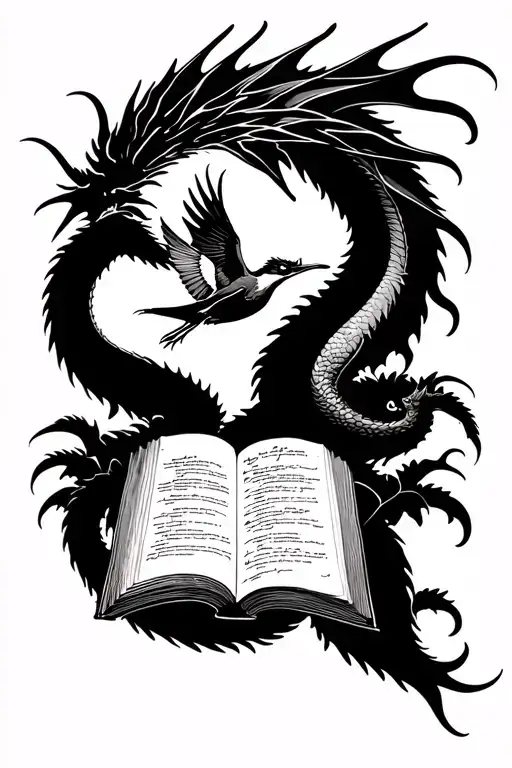 Realistic Dragon With Book Open And A Kingfisher Flying Upward