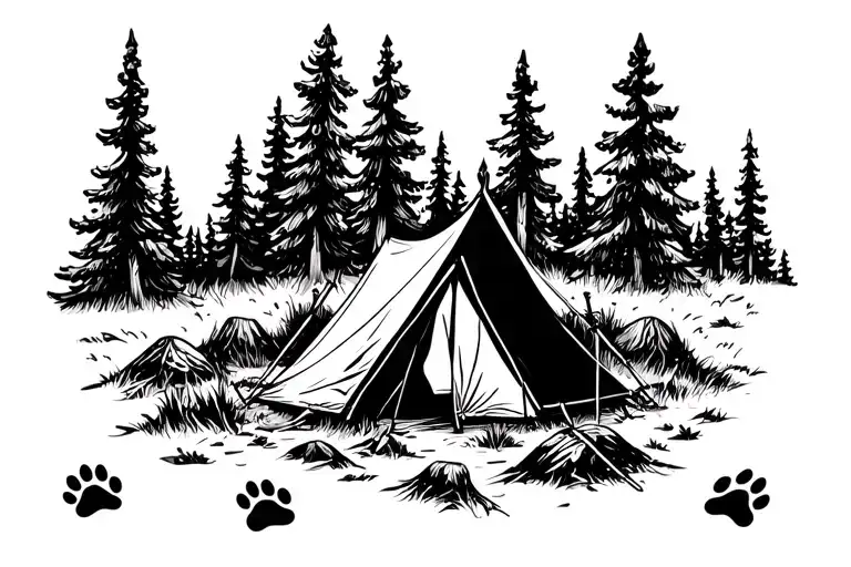 Dog Paws Surrounded With Camp Tent In Forest