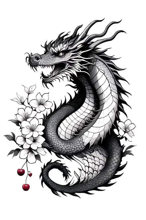 Dragon With Cherry Blossoms All Around It