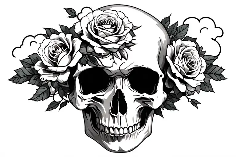 Realistic Skull In Dark Style With Clouds And Roses