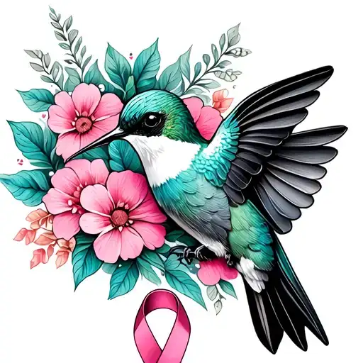 Humming Bird With Flowers And Breast Cancer Ribbon