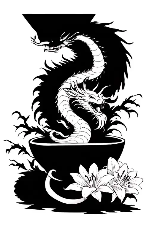 Japanese Vase With Dragon Inside And Lily Flowers