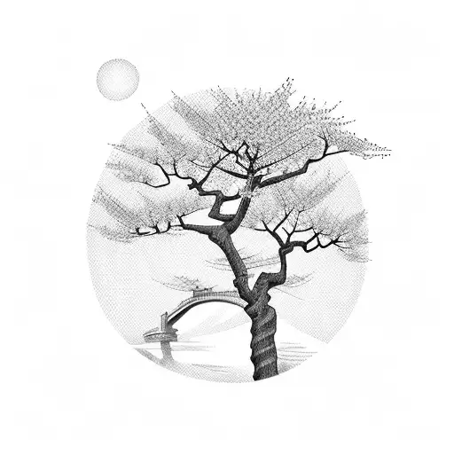 Japanese Cherry Blossom Tree And Japanese Bridge Background