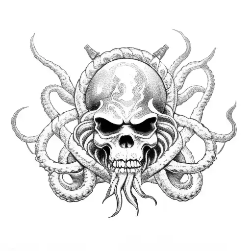 Kraken With A Pirate Ship Over A Bed Of Skulls