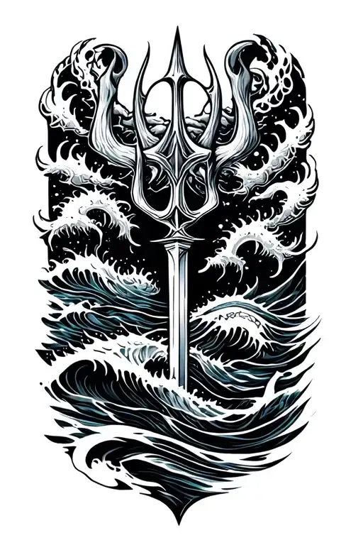 Trident With Waves Surrounding And Sea Animal