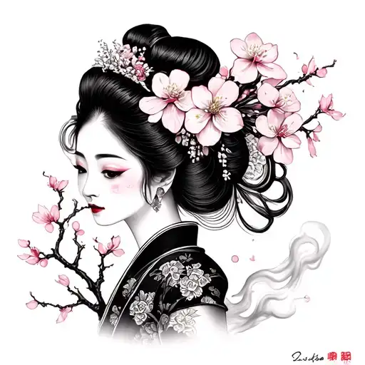 Japanese Geisha With Cherry Blossom Flowers With Smoke Background